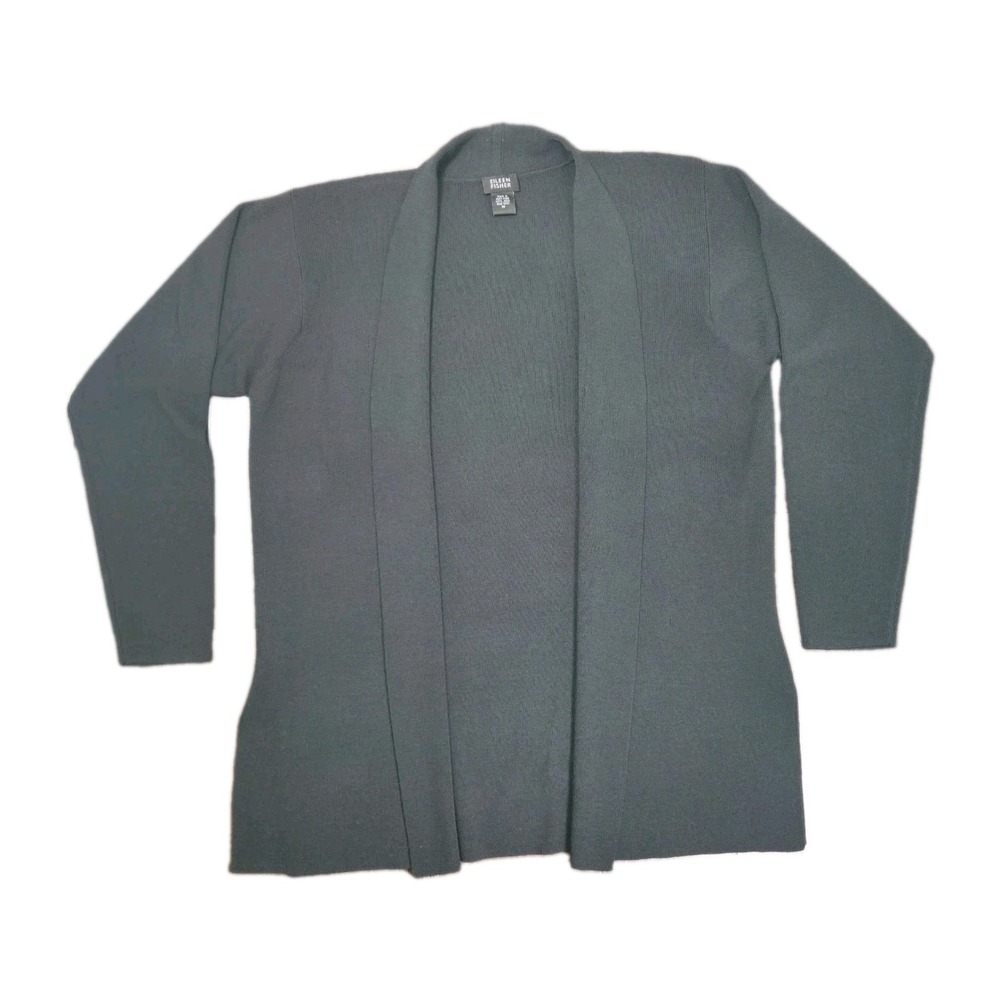 Eileen Fisher 100% Wool Cardigan Sweater Womens Medium Black Long Sleeve Open